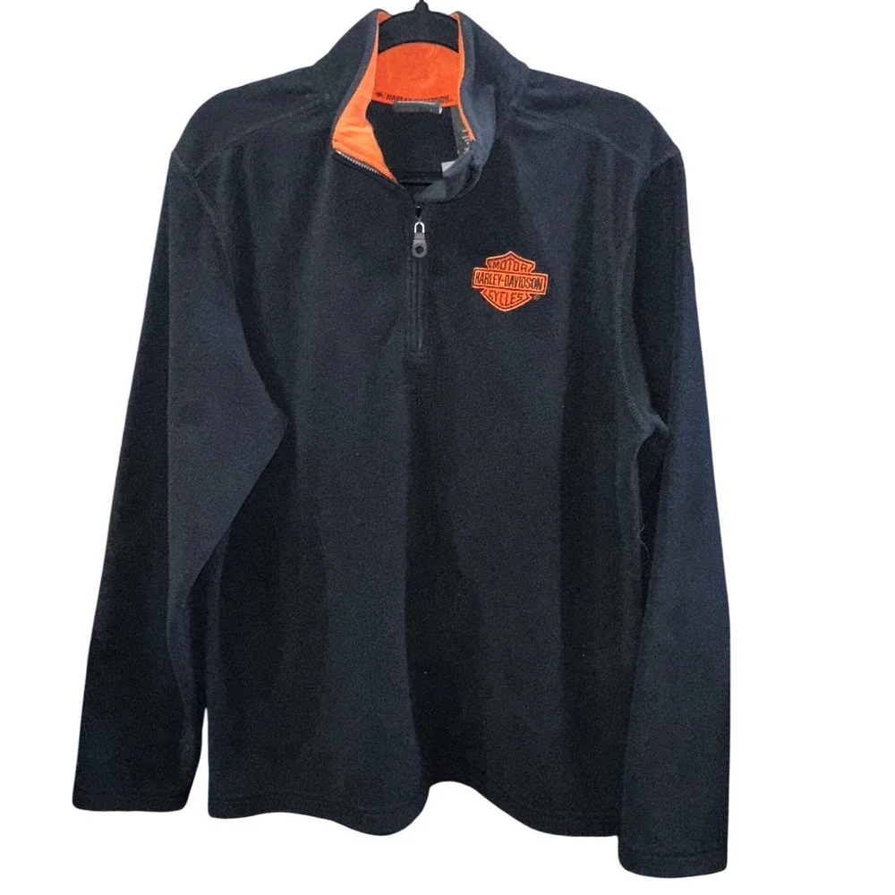Harley Davidson Mens Quarter Zip Fleece Pullover‎ Black Orange Logo Size Medium